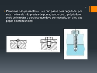  Parafusos não-passantes – Este não passa pela peça toda, por
este motivo ele não precisa de porca, sendo que o próprio furo
onde se introduz o parafuso que deve ser roscado, em uma das
peças a serem unidas;
27
 