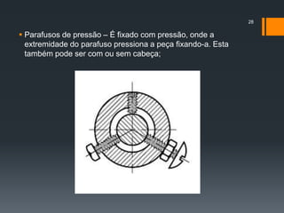  Parafusos de pressão – É fixado com pressão, onde a
extremidade do parafuso pressiona a peça fixando-a. Esta
também pode ser com ou sem cabeça;
28
 