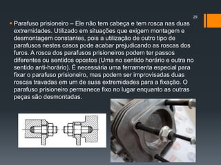  Parafuso prisioneiro – Ele não tem cabeça e tem rosca nas duas
extremidades. Utilizado em situações que exigem montagem e
desmontagem constantes, pois a utilização de outro tipo de
parafusos nestes casos pode acabar prejudicando as roscas dos
furos. A rosca dos parafusos prisioneiros podem ter passos
diferentes ou sentidos opostos (Uma no sentido horário e outra no
sentido anti-horário). É necessária uma ferramenta especial para
fixar o parafuso prisioneiro, mas podem ser improvisadas duas
roscas travadas em um de suas extremidades para a fixação. O
parafuso prisioneiro permanece fixo no lugar enquanto as outras
peças são desmontadas.
29
 