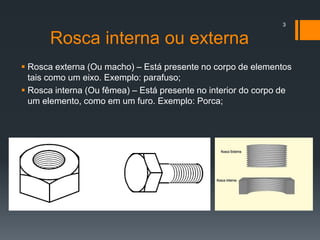 Rosca interna ou externa
 Rosca externa (Ou macho) – Está presente no corpo de elementos
tais como um eixo. Exemplo: parafuso;
 Rosca interna (Ou fêmea) – Está presente no interior do corpo de
um elemento, como em um furo. Exemplo: Porca;
3
 