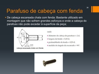 Parafuso de cabeça com fenda
 De cabeça escareada chata com fenda: Bastante utilizado em
montagem que não sofrem grandes esforços e onde a cabeça do
parafuso não pode exceder à superfície da peça;
38
 