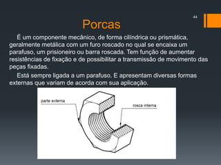 Porcas
É um componente mecânico, de forma cilíndrica ou prismática,
geralmente metálica com um furo roscado no qual se encaixa um
parafuso, um prisioneiro ou barra roscada. Tem função de aumentar
resistências de fixação e de possibilitar a transmissão de movimento das
peças fixadas.
Está sempre ligada a um parafuso. E apresentam diversas formas
externas que variam de acorda com sua aplicação.
44
 