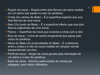  Ângulo da rosca – Ângulo entre dois flancos da rosca medido
em um plano que passa no eixo do parafuso;
 Crista (Ou vértice de filete) – É a superfície superior que une
dois flancos de uma rosca;
 Raiz (Ou fundo de filete) – É a superfície inferior que une dois
flancos adjacentes de uma rosca;
 Flanco – Superfície da rosca que conecta a crista com a raiz;
 Eixo da rosca – Linha de centro longitudinal que passa pelo
corpo do parafuso;
 Altura do filete (Ou profundidade do filete) – É a distancia
entre a crista e a raiz da rosca medida em direção normal
(perpendicular) ao eixo;
 Perfil da rosca – Seção da rosca gerada pela interseção de
um plano e o eixo do parafuso;
 Série da rosca – Número padronizado de roscas por
polegada, para vários diâmetros.
5
 