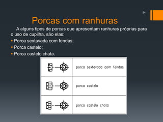 Porcas com ranhuras
A alguns tipos de porcas que apresentam ranhuras próprias para
o uso de cupilha, são elas:
 Porca sextavada com fendas;
 Porca castelo;
 Porca castelo chata.
54
 
