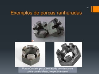 Exemplos de porcas ranhuradas
55
Porca Castelo, porca sextavada com fendas e
porca castelo chata, respectivamente.
 