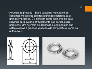  Arruelas de pressão – Ela é usada na montagem de
conjuntos mecânicos sujeitos a grandes esforços ou a
grandes vibrações. Útil também como elemento de trava,
servindo para evitar o afrouxamento das porcas e dos
parafusos. Um exemplo de aplicação é em maquina que
estão sujeitas a grandes variações de temperatura, como os
automóveis;
60
 