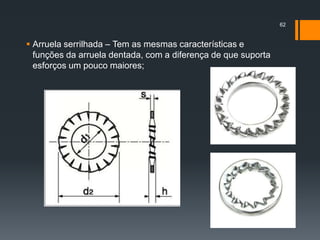  Arruela serrilhada – Tem as mesmas características e
funções da arruela dentada, com a diferença de que suporta
esforços um pouco maiores;
62
 