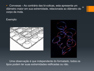  Convexas – Ao contrário das bi-colicas, esta apresenta um
diâmetro maior em sua extremidade, relacionada ao diâmetro do
corpo da mola.
Exemplo:
Uma observação é que independente do formatado, todos os
tipos podem ter suas extremidades retificadas ou não.
95
 
