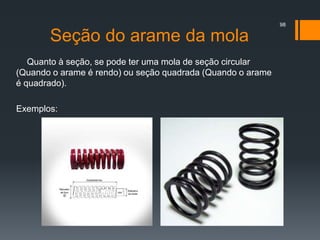 Seção do arame da mola
Quanto à seção, se pode ter uma mola de seção circular
(Quando o arame é rendo) ou seção quadrada (Quando o arame
é quadrado).
Exemplos:
98
 