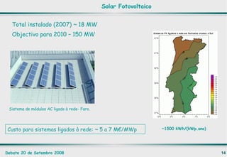 Total instalado (2007) ~ 18 MW Objectivo para 2010 – 150 MW ~1500 kWh/(kWp.ano)   Custo para sistemas ligados à rede: ~ 5 a 7 M€/MWp Sistema de módulos AC ligado à rede- Faro. Solar Fotovoltaico 