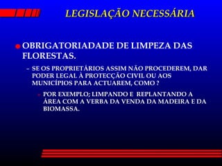 LEGISLAÇÃO NECESSÁRIA OBRIGATORIADADE DE LIMPEZA DAS FLORESTAS. SE OS PROPRIETÁRIOS ASSIM NÃO PROCEDEREM, DAR PODER LEGAL À PROTECÇÃO CIVIL OU AOS MUNICÍPIOS PARA ACTUAREM, COMO ? POR EXEMPLO; LIMPANDO E  REPLANTANDO A ÁREA COM A VERBA DA VENDA DA MADEIRA E DA BIOMASSA. 