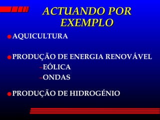 ACTUANDO POR EXEMPLO AQUICULTURA PRODUÇÃO DE ENERGIA RENOVÁVEL EÓLICA ONDAS PRODUÇÃO DE HIDROGÉNIO 