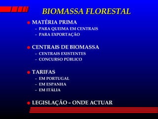 BIOMASSA FLORESTAL MATÉRIA PRIMA PARA QUEIMA EM CENTRAIS PARA EXPORTAÇÃO CENTRAIS DE BIOMASSA CENTRAIS EXISTENTES CONCURSO PÚBLICO TARIFAS EM PORTUGAL EM ESPANHA EM ITÁLIA LEGISLAÇÃO – ONDE ACTUAR 