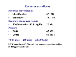 Recursos uraníferos Recursos convencionais Identificados: 4,7  Mt Estimados: 10,1  Mt Recursos não convencionais Fosfatos (60 – 100 $ / kg U):  22 Mt Procura 2004: 67.320 t 2005: 66.840 t 70/85 anos  -  250 anos  - 600/700 anos LWR “once through”; 30x mais com reactores a neutrões rápidos 50-200 ppm U em fosfatos 