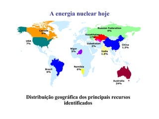 Distribuição geográfica dos principais recursos identificados A energia nuclear hoje Australia 24% Russian Federation 4% Uzbekistan 2% Kazakhstan 17% Niger 5% Namibia 6% Brazil 6% USA 7% Canada 9% India 1.4% China 1.3% 