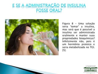 Figura 8 – Uma solução
seria “tomar” a insulina,
mas será que é possível a
insulina ser administrada
oralmente e manter suas
propriedades bioquímicas?
Infelizmente não, pois é
um hormônio proteico e
seria metabolizada no TGI.
[5].
 