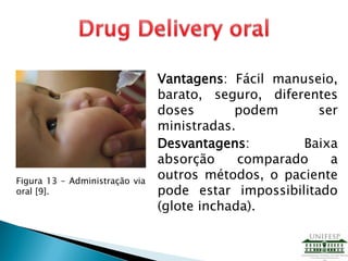 Vantagens: Fácil manuseio,
barato, seguro, diferentes
doses podem ser
ministradas.
Desvantagens: Baixa
absorção comparado a
outros métodos, o paciente
pode estar impossibilitado
(glote inchada).
Figura 13 – Administração via
oral [9].
 