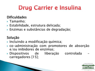 Dificuldades
 Tamanho;
 Estabilidade, estrutura delicada;
 Enzimas e substâncias de degradação;
Solução
 Incluindo a modificação química;
 co-administração com promotores de absorção
e/ou inibidores de enzimas;
 Dispositivos de liberação controlada –
carregadores [15];
 