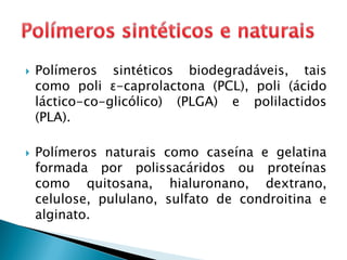  Polímeros sintéticos biodegradáveis, tais
como poli ɛ-caprolactona (PCL), poli (ácido
láctico-co-glicólico) (PLGA) e polilactidos
(PLA).
 Polímeros naturais como caseína e gelatina
formada por polissacáridos ou proteínas
como quitosana, hialuronano, dextrano,
celulose, pululano, sulfato de condroitina e
alginato.
 