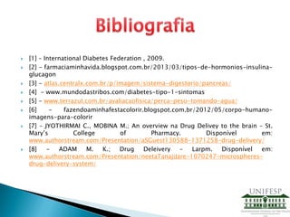  [1] – International Diabetes Federation , 2009.
 [2] - farmaciaminhavida.blogspot.com.br/2013/03/tipos-de-hormonios-insulina-
glucagon
 [3] - atlas.centralx.com.br/p/imagem/sistema-digestorio/pancreas/
 [4] - www.mundodastribos.com/diabetes-tipo-1-sintomas
 [5] - www.terrazul.com.br/avaliacaofisica/perca-peso-tomando-agua/
 [6] - fazendoaminhafestacolorir.blogspot.com.br/2012/05/corpo-humano-
imagens-para-colorir
 [7] – JYOTHIRMAI C., MOBINA M.; An overview na Drug Delivey to the brain – St.
Mary’s College of Pharmacy. Disponível em:
www.authorstream.com/Presentation/aSGuest130588-1371258-drug-delivery/
 [8] - ADAM M. K.; Drug Deleivery – Larpm. Disponível em:
www.authorstream.com/Presentation/neetaTanajiJare-1070247-microspheres-
drug-delivery-system/
 