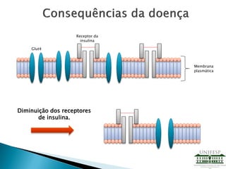 Glut4
Receptor da
insulina
Membrana
plasmática
Diminuição dos receptores
de insulina.
 