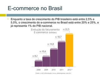 E-commerce no Brasil
   Enquanto a taxa de crescimento do PIB brasileiro está entre 2,5% e
    5,0%, o crescimento do e-commerce no Brasil está entre 20% e 25%, e
    já representa 1% do PIB nacional.
 