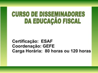 Certificação:  ESAF Coordenação: GEFE Carga Horária:  80 horas ou 120 horas CURSO DE DISSEMINADORES  DA EDUCAÇÃO FISCAL 