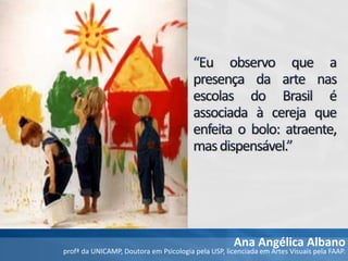 Ana Angélica Albano
profª da UNICAMP, Doutora em Psicologia pela USP, licenciada em Artes Visuais pela FAAP.
 