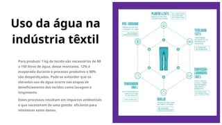 Uso da água na
indústria têxtil
Para produzir 1 kg de tecido são necessários de 80
a 150 litros de água, desse montante, 12% é
evaporado durante o processo produtivo e 80%
são desperdiçados. Pode-se entender que os
elevados uso de água ocorre nas etapas de
beneficiamento dos tecidos como lavagem e
tingimento
Esses processos resultam em impactos ambientais
e que necessitam de uma gestão eficiente para
minimizar estes danos.
 