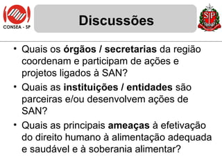 Discussões Quais os  órgãos / secretarias  da região coordenam e participam de ações e projetos ligados à SAN? Quais as  instituições / entidades  são parceiras e/ou desenvolvem ações de SAN?  Quais as principais  ameaças  à efetivação do direito humano à alimentação adequada e saudável e à soberania alimentar? 
