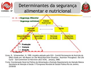 Determinantes da segurança alimentar e nutricional Gross, R.. Schoenenber, H. 1999. (modelo adotado pe lo SCN – Comitê Permanente de Nutrição da ONU) citado em:  4th Report on The World Nutrition Situation –  Nutrition Throughout  the Life Cycle -  Sub-Committee on Nutrition (ACC/SCN),  January, 2000. Fonte: Coordenação Geral da Política de Alimentação e Nutrição Departamento de Atenção Básica Secretaria de Atenção à Saúde. 11ªCongresso Mundial de Saúde Pública  Rio de Janeiro, 25/08/06 