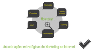 Conteúdo


                                            Midias
                  Pesquisa                  Sociais


                             Monitorar
                  Viral                      Mailling




                              Publicidade




As sete ações estratégicas do Marketing na Internet
 