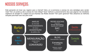 NOSSOS SERVIÇOS:
Está pensando em levar seu negócio para a internet? Abriu um e-commerce e precisa de uma estratégia para vender
mais? Tem um portal ou site e precisa de mais tráfego? Quer melhorar o posicionamento das suas páginas nos resultados
orgânicos do Google? E a página da sua empresa nas Redes Sociais? Tem quem gerencie? Nós utilizamos as melhores
soluções para fazer tudo isso para você!



                                     ANÁLISE                   REDES SOCIAIS
                                                                        Social Media
                                    do mercado
                                                                Email Marketing
                               POSICIONAMENTO
           Market                                                                                  Gestão
                                                                Relacionamento e Fidelização
                                      de marca                          SAC
                                 SEGMENTAÇÃO                                                   De Relacionamento web
                Plan               de público alvo
                                                                           2.0



               WEB            MENSURAÇÃO                               BLOG
                                                                                                  Conteúdo
                                                               Gerenciamento e conteúdo
             Analytics              Google Analytics                                                   online
               Roi
                                       Métricas
                                                                  Estratégias
                                CONVERSÃO                              de Conteúdo

                                                                   Webnars, e-books,
                                                                    podcast,vídeos
 