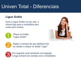 Univen Total - DiferenciaisLigue GrátisCom o Ligue Grátis no seu site, o cliente liga para a imobiliária sem custo para ambos.Clique no botão“Ligue Grátis”Digite o número de seu telefone fixoou celular e clique no botão “Ligar”.Em seguida você receberá uma ligaçãoe logo entrará em contato com a Imobiliária