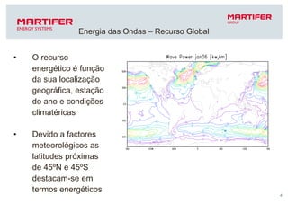 O recurso energético é função da sua localização geográfica, estação do ano e condições climatéricas Devido a factores meteorológicos as latitudes próximas de 45ºN e 45ºS destacam-se em termos energéticos Energia das Ondas – Recurso Global 