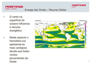 O vento na superfície do oceano influencia o recurso energético Neste aspecto o hemisfério sul apresenta-se mais vantajoso devido aos fortes ventos provenientes de Oeste  Energia das Ondas – Recurso Global 