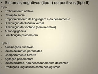 • Sintomas negativos (tipo I) ou positivos (tipo II)
Tipo I
- Embotamento afetivo
- Retração social
- Empobrecimento da linguagem e do pensamento
- Diminuição da fluência verbal
- Diminuição da vontade (sem iniciativa)
- Autonegligência
- Lentificação psicomotora

Tipo II
- Alucinações auditivas
- Ideias delirantes paranoides
- Comportamento bizarro
- Agitação psicomotora
- Ideias bizarras, não necessariamente delirantes
- Produções linguísticas como neologismos
 