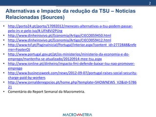 2

 Alternativas e Impacto da redução da TSU – Noticias
 Relacionadas (Sources)
• http://porto24.pt/porto/17092012/menezes-alternativas-a-tsu-podem-passar-
  pelo-irs-e-pelo-iva/#.UFh8VI2PUrg
• http://www.dinheirovivo.pt/Economia/Artigo/CIECO059450.html
• http://www.dinheirovivo.pt/Economia/Artigo/CIECO059412.html
• http://www.tsf.pt/PaginaInicial/Portugal/Interior.aspx?content_id=2772848&refe
  rrer=FooterOJ
• http://www.portugal.gov.pt/pt/os-ministerios/ministerio-da-economia-e-do-
  emprego/mantenha-se-atualizado/20120914-mee-tsu.aspx
• http://www.ionline.pt/dinheiro/impacto-fmi-defende-baixar-tsu-nao-promover-
  emprego
• http://www.businessweek.com/news/2012-09-07/portugal-raises-social-security-
  charge-paid-by-workers
• http://www.jornaldenegocios.pt/home.php?template=SHOWNEWS_V2&id=5786
  21
• Comentário do Report Semanal da Macrometria.
 