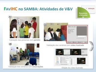 F AV IHC  no SAMBA: Atividades de V&V Validação das personas com  painéis Validação dos cenários com  vídeo ilustrado Validação dos cenários com  encenações  Edição do vídeo ilustrado Requisitos e Soluções de Projetos 8 9 10 