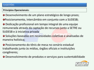 Princípios Operacionais:
Dedicação profissional em tempo integral de uma equipe
remunerada através da captação de recursos junto a SETRE ou
SUDESB e à iniciativa privada
Soluções baseadas em necessidades coletivas e analisadas de
maneira holística;
Desenvolvimento de um plano estratégico de longo prazo;
Posicionamento, intercâmbio em conjunto com a SUDESB;
Posicionamento do tênis de mesa no cenário estadual
trabalhando junto às mídias, órgãos oficiais e instituições
congêneres;
Desenvolvimento de produtos e serviços para sustentabilidade
SUGESTÕES
 