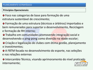 Princípios Operacionais:
Foco nas categorias de base para formação de uma
estrutura sustentável de crescimento;
A FBTM focada no desenvolvimento do esporte, nas seleções
e nas relações externas
Formação de uma estrutura (técnicos e árbitros) importados e
bem remunerados para suportar o desenvolvimento, Reciclagem
e formação de RH interno;
Trabalho em comunidades promovendo integração social e
desenvolvendo o ping-pong como diversão na idade escolar;
Criação e legalização de clubes com ótima gestão, planejamento
e investimentos;
PLANEJAMENTO ESTRATÉGICO
Intercambio Técnico, visando aprimoramento do nível praticado
internamente;
 