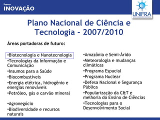 Plano Nacional de Ciência e Tecnologia - 2007/2010 Áreas portadoras de futuro:   Biotecnologia e Nanotecnologia Tecnologias da Informação e Comunicação Insumos para a Saúde Biocombustíveis Energia elétrica, hidrogênio e energias renováveis Petróleo, gás e carvão mineral  Agronegócio Biodiversidade e recursos naturais Amazônia e Semi-Árido Meteorologia e mudanças climáticas Programa Espacial Programa Nuclear Defesa Nacional e Segurança Pública Popularização da C&T e melhoria do Ensino de Ciências Tecnologias para o Desenvolvimento Social 