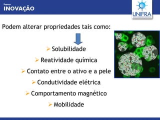 Podem alterar propriedades tais como: Solubilidade Reatividade química Contato entre o ativo e a pele Condutividade elétrica Comportamento magnético Mobilidade 