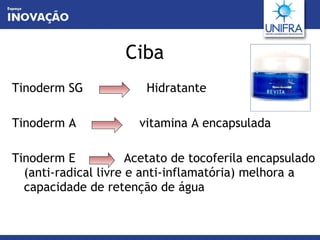 Ciba Tinoderm SG  Hidratante Tinoderm A  vitamina A encapsulada Tinoderm E  Acetato de tocoferila encapsulado (anti-radical livre e anti-inflamatória) melhora a capacidade de retenção de água 