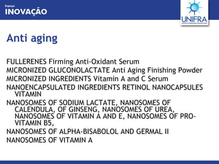 Anti aging FULLERENES Firming Anti-Oxidant Serum MICRONIZED GLUCONOLACTATE Anti Aging Finishing Powder MICRONIZED INGREDIENTS Vitamin A and C Serum NANOENCAPSULATED INGREDIENTS RETINOL NANOCAPSULES VITAMIN NANOSOMES OF SODIUM LACTATE, NANOSOMES OF CALENDULA, OF GINSENG, NANOSOMES OF UREA, NANOSOMES OF VITAMIN A AND E, NANOSOMES OF PRO-VITAMIN B5, NANOSOMES OF ALPHA-BISABOLOL AND GERMAL II NANOSOMES OF VITAMIN A 