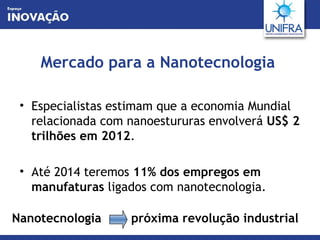 Mercado para a Nanotecnologia Especialistas estimam que a economia Mundial relacionada com nanoestururas envolverá  US$ 2 trilhões em 2012 .  Até 2014 teremos  11% dos empregos em manufaturas  ligados com nanotecnologia. Nanotecnologia  próxima revolução industrial 