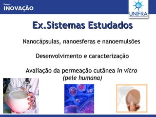 Ex.Sistemas Estudados Nanocápsulas, nanoesferas e nanoemulsões   Desenvolvimento e caracterização  Avaliação da permeação cutânea  in vitro  (pele humana) 