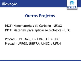 Outros Projetos INCT: Nanomateriais de Carbono – UFMG INCT: Materiais para aplicação biológica – UFC Procad – UNICAMP, UNIFRA, UFF e UFC Procad – UFRGS, UNIFRA, UNISC e UFRN  