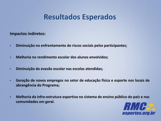 Resultados Esperados
Impactos indiretos:
• Diminuição no enfrentamento de riscos sociais pelos participantes;
• Melhoria no rendimento escolar dos alunos envolvidos;
• Diminuição da evasão escolar nas escolas atendidas;
• Geração de novos empregos no setor de educação física e esporte nos locais de
abrangência do Programa;
• Melhoria da infra-estrutura esportiva no sistema de ensino público do país e nas
comunidades em geral.
 