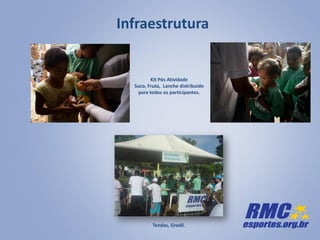 Infraestrutura
Tendas, Gradil.
Kit Pós Atividade
Suco, Fruta, Lanche distribuído
para todos os participantes.
 
